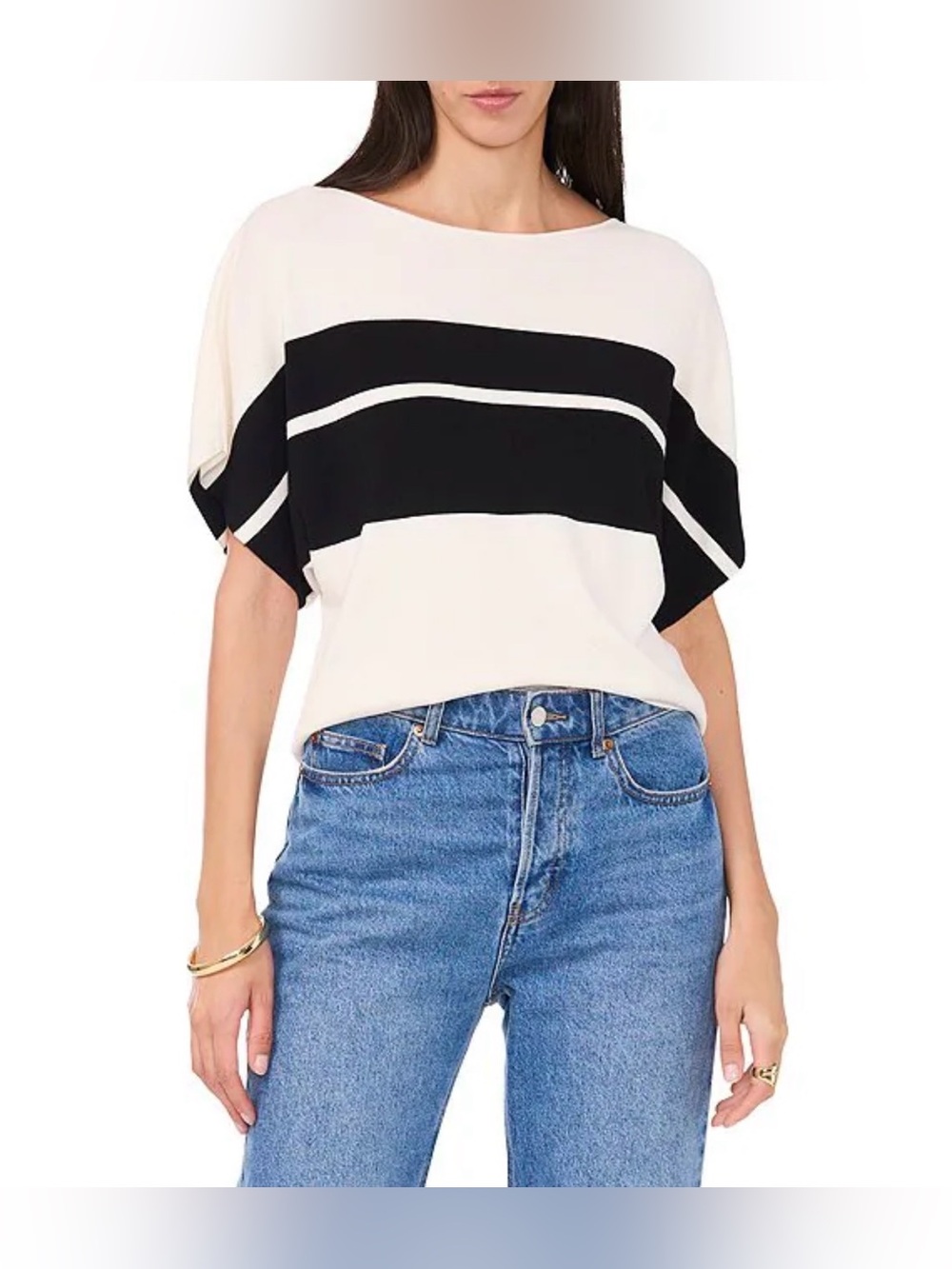 VINCE CAMUTO Plus Size Women's White and Black Striped Boatneck Top.